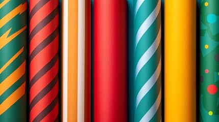 Colorful rolls of wrapping paper on a white background.