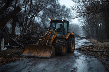 A bulldozer navigates a wet, muddy road clearing branches and fallen trees after a storm in a forested area