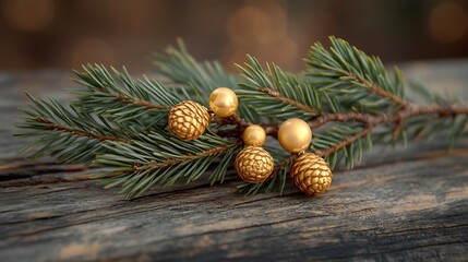 Simple pine sprigs with a few elegant baubles on a rustic wood plank background, generous copyspace for text, soft and warm holiday glow, hd quality, inviting and clean look. --ar 16:9