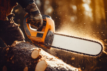 A logger skillfully operates a chainsaw on a tree trunk, with wood chips scattering in a sunlit forest scene