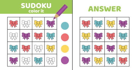 Sudoku. Bow. Coloring sudoku with cute bows. Cartoon.