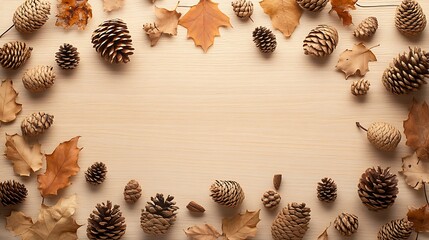 Obraz premium Small pine cones, leaves, and rustic wooden ornaments scattered across a smooth light wood background, spacious copyspace in the center, warm, soft lighting, hd clarity, inviting holiday feel,