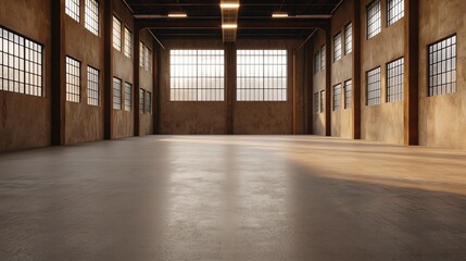 Naklejka premium Spacious industrial warehouse interior with large windows and natural light, empty concrete floor, modern design.