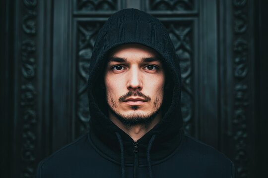 Mysterious Gaze, A hooded man stares intently, his expression a blend of contemplation and quiet