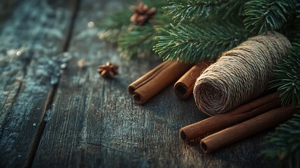 Twine-wrapped pine branches and cinnamon sticks scattered on a rustic wood surface, open centered copyspace, soft holiday glow, hd quality, cozy and festive holiday atmosphere, gentle shadows.