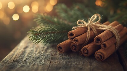 Twine-wrapped pine sprigs and cinnamon sticks on a weathered wooden surface, generous copyspace in the middle, warm cozy glow, hd quality, inviting holiday atmosphere, subtle shadows. --ar 16:9