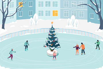 People skate on the outdoor New Year's ice rink. Isometric vector illustration