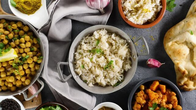 indian food with rice, dhal, naan,