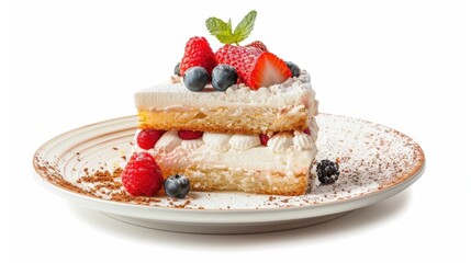 A plate of cake , isolated , white background