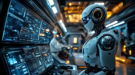 Fototapeta premium A sophisticated AI robot standing in a dimly lit underground lab, surrounded by flickering monitors displaying complex data, scientists observing with awe, metallic textures on robot,