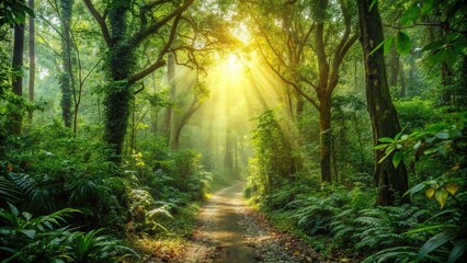 Trail with dense forest foliage and sunlight filtering through the canopy, trees, sunlight, outdoors