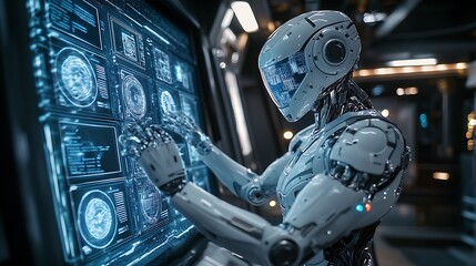 AI robot analyzing multiple holographic screens with outstretched arms, futuristic lab filled with advanced technology, neon-lit holograms illuminating its metallic body,