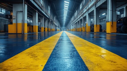 A long, empty industrial warehouse with yellow lines down the center of the floor.