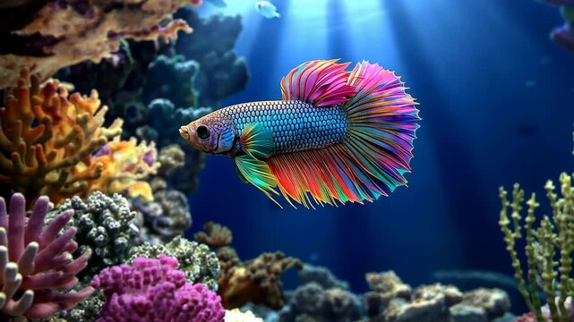 beautiful elegance neon gradient blue pink purple male Siamese Fighting Fish or Betta fish swimming in beautiful scenery aquarium decorated with aquatic plants