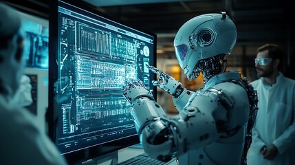 Fototapeta premium AI robot and scientists standing around a glowing holographic screen, analyzing detailed data in a high-tech lab, advanced technology surrounding them, neon blue and green lighting,