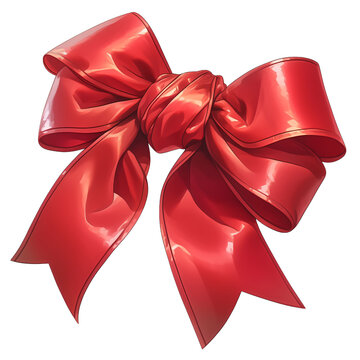 A large red bow with shiny fabric and flowing ribbons, designed for decorative purposes on gifts and festive occasions for celebrations. transparent background, png