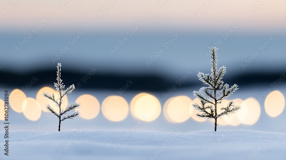 Poster serene winter landscape with snowy trees and soft bokeh lights in the background