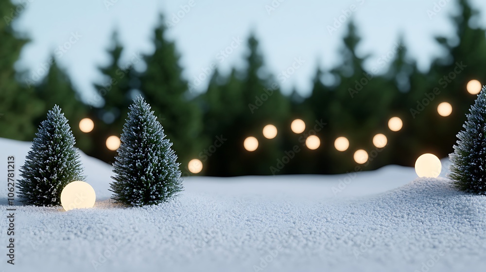 Poster serene winter landscape with snowy trees and soft bokeh lights in the background