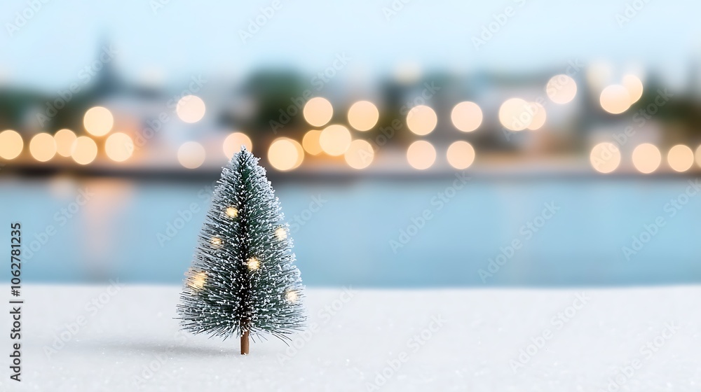 Poster serene winter landscape with snowy trees and soft bokeh lights in the background