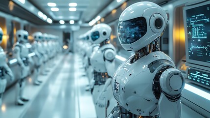 Fototapeta premium A line of white humanoid robots standing in a futuristic laboratory with a monitor displaying data in the background.