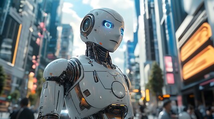 Fototapeta premium AI robot casually walking alongside humans in a high-tech urban plaza, towering skyscrapers with neon accents in the background, soft reflections on its metallic surface,