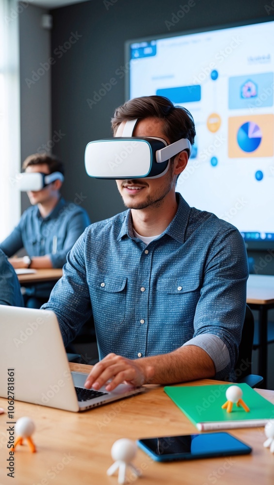 Poster student attending online class with virtual reality, interacting with classmates and 3d educational 