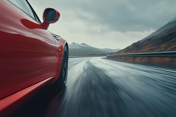 Obraz premium Close-up of a red car driving on a highway road, with a motion blur background, cloudy sky, and a mountain landscape