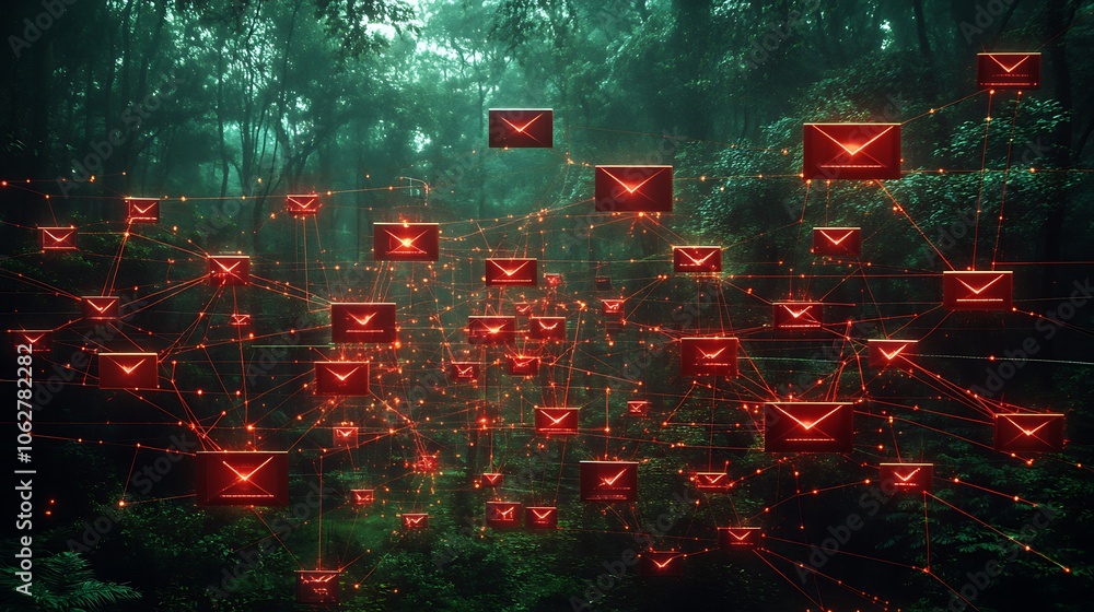 Poster a network of glowing red email icons floating in a dense, misty forest, representing the interconnec