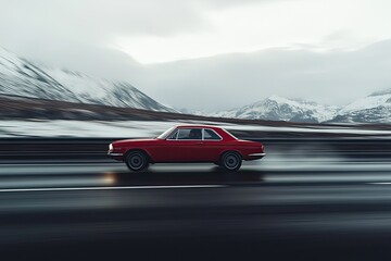 Close-up of a red car driving on a highway road, with a motion blur background, cloudy sky, and a mountain landscape