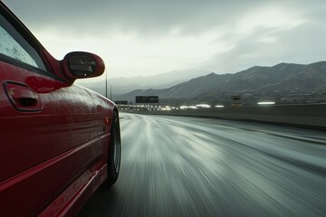 Obraz premium Close-up of a red car driving on a highway road, with a motion blur background, cloudy sky, and a mountain landscape
