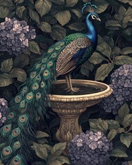 peacock vintage garden illustration Peacock standing by a birdbath, vibrant foliage.