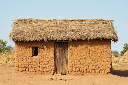 A traditional mud-brick house in a remote village in Mali, with the desert in the background