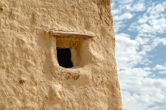 A traditional mud-brick house in a remote village in Mali, with the desert in the background