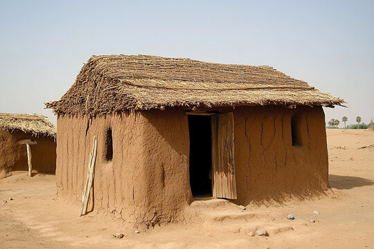 A traditional mud-brick house in a remote village in Mali, with the desert in the background