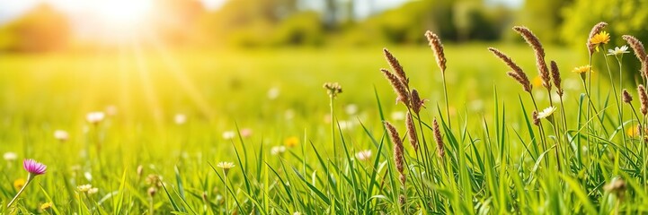 Vibrant green grassy field under a clear blue sky on a sunny day, environment, sunny day scenery