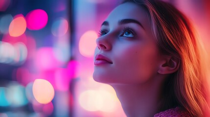 AI robot gazing out of a high-rise building window at a bustling cyberpunk city, neon lights illuminating the skyline, colorful reflections on its metallic surface, soft ambient glow from inside,