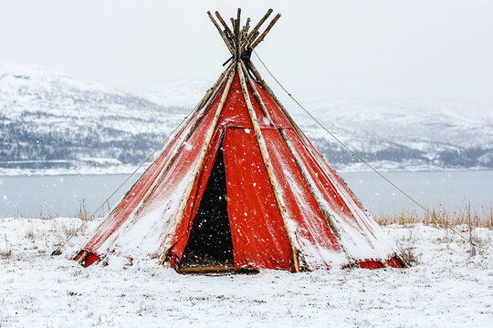 A Sami tent (lavvu) in the snowy landscapes of Norway, used by the indigenous Sami people
