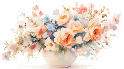 高品質水彩風 花のブーケ オレンジとピンクのローズと春色パステル 背景が白の華やかなイラスト