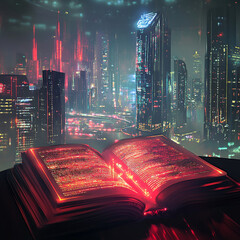 An open book, glowing gold, sits atop a railing overlooking a futuristic city at night. Many lights.

