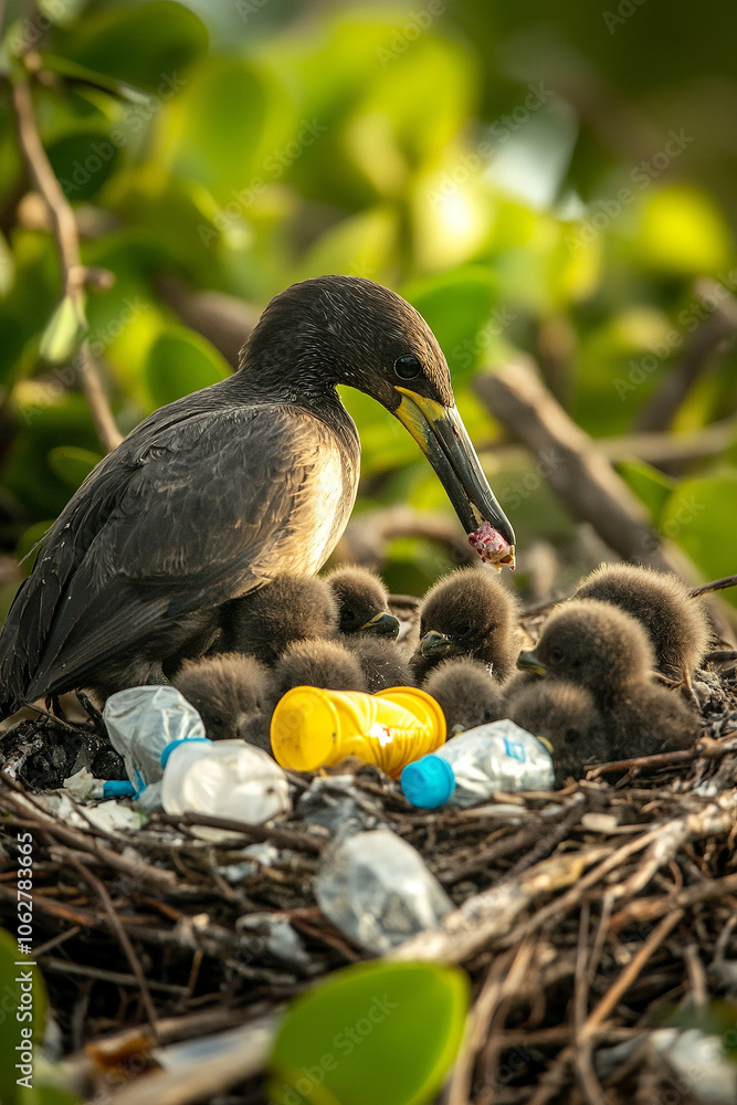 Wall mural A bird feeding its chicks, surrounded by plastic waste in their nest