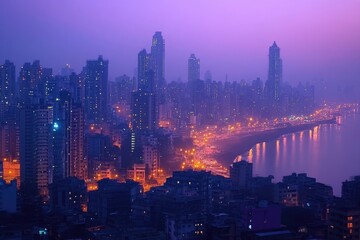 Fototapeta premium Mumbai skyline illuminating at dusk, with buildings reaching for the purple sky