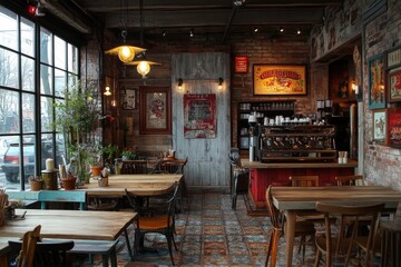 Empty coffee shop showing rustic interior design with exposed brick and vintage furniture