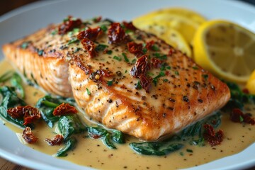 Delicious pan-seared salmon fillet with creamy spinach sauce and sun-dried tomatoes, garnished with lemon slices