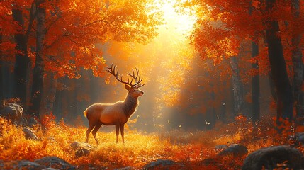 A majestic deer stands in a golden autumn forest, bathed in the warm glow of the setting sun.