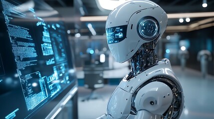 Fototapeta premium AI robot in a futuristic workspace, controlling multiple holographic displays with virtual assistants hovering nearby, sleek office setup with glass walls and metallic accents, soft lighting,