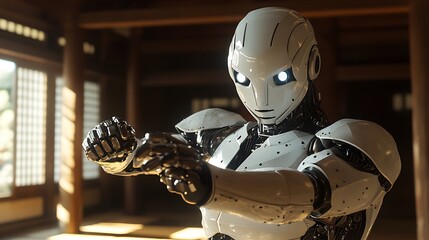 Fototapeta premium AI robot in a traditional Japanese dojo, performing a martial arts routine, deep shadows from dim lighting, wooden beams and tatami mats, ambient reflections on the robot’s surface, intense and calm,