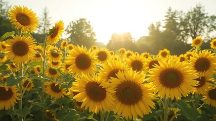 Obraz premium Vibrant sunflower field under bright golden sunlight, isolated, sunflowers