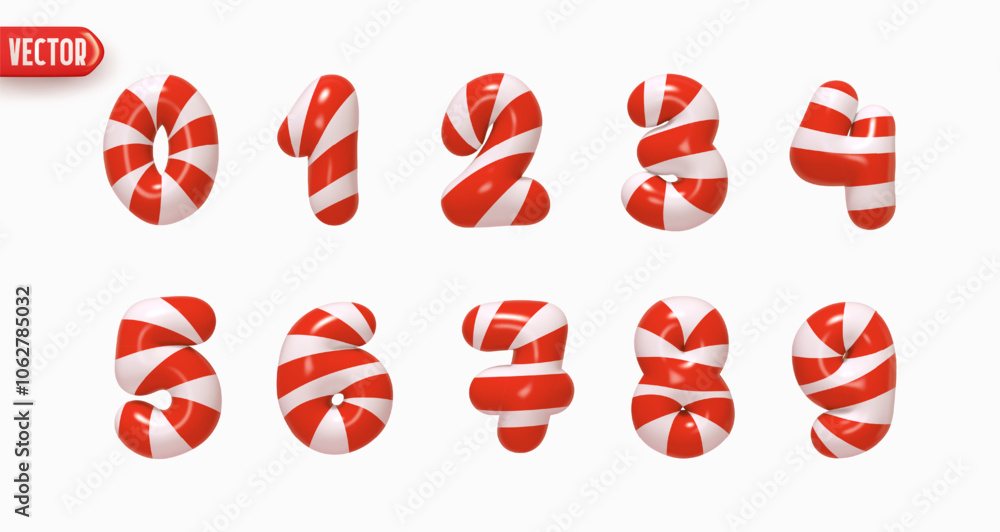 Poster Set of numbers from 0 to 9 in style of Christmas candy cane in realistic 3d design isolated on white background. Xmas Number made from candy red and white color stripes. Vector illustration