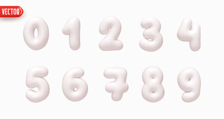 Set of numbers from 0 to 9 in style of Christmas milk cream white in realistic 3d design isolated on white background. Numbers of sweet marmalade candy . Vector illustration