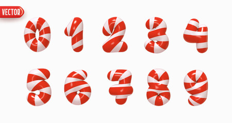 Set of numbers from 0 to 9 in style of Christmas candy cane in realistic 3d design isolated on white background. Xmas Number made from candy red and white color stripes. Vector illustration